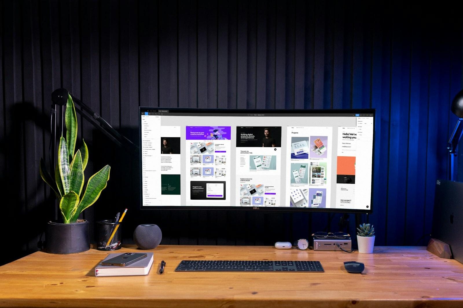 Tidy home office desk with a large monitor